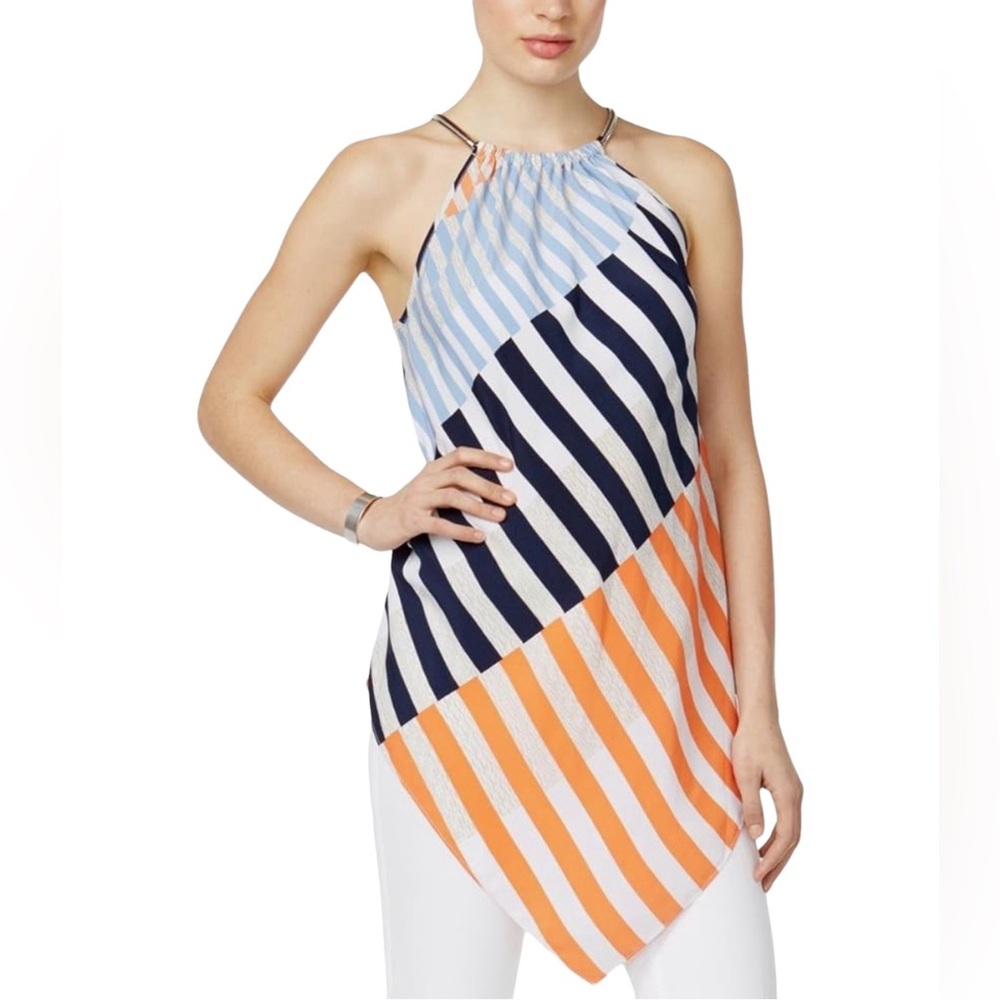 Alfani Striped Multi Colored Metallic High Neck Halter Sleeveless Tunic Top XL